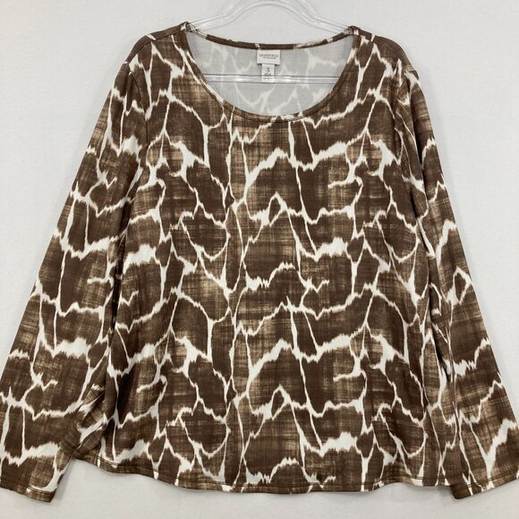 Chico's size XL/3 Brown White Soft Stretch Crew Neck Long Sleeve Pullover Top - Picture 1 of 8
